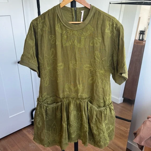 NWOT Free People Picking Petals Embroidered Mini Tunic Dress in Cardamom Seed XS - Picture 6 of 9